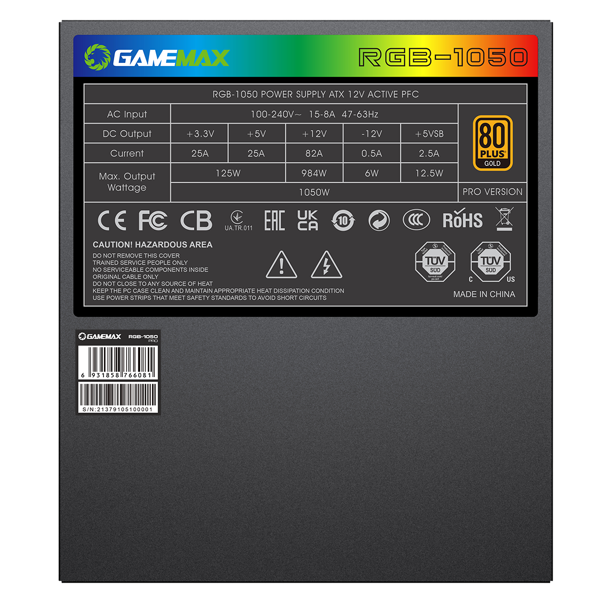 GameMax 1050W Pro Modular 80 Plus Gold Power Supply With 14cm ARGB Fan