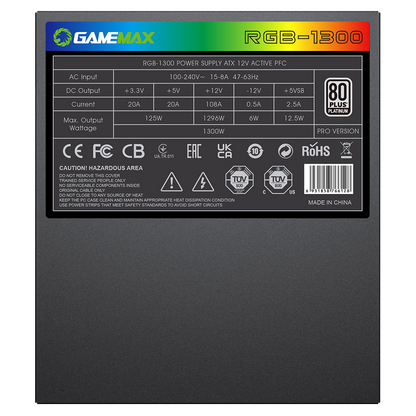 GameMax 1300W Modular 80 Plus Platinum ATX3.0 PCIe 5.0 Power Supply With 14cm ARGB Fan - Destello