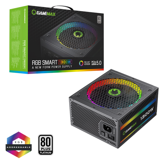 GameMax 1300W Modular 80 Plus Platinum ATX3.0 PCIe 5.0 Power Supply With 14cm ARGB Fan - Destello