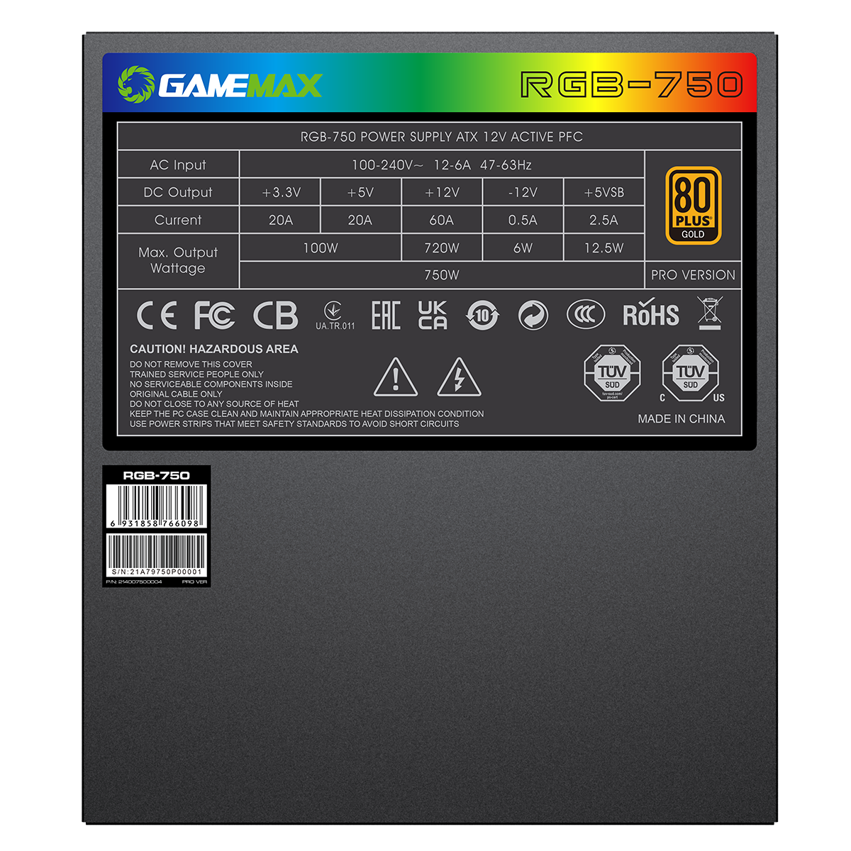 GameMax 750W Pro Modular 80 Plus Gold Power Supply With 14cm ARGB Fan - Destello