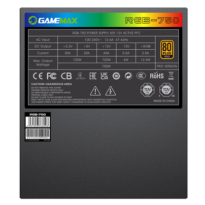 GameMax 750W Pro Modular 80 Plus Gold Power Supply With 14cm ARGB Fan