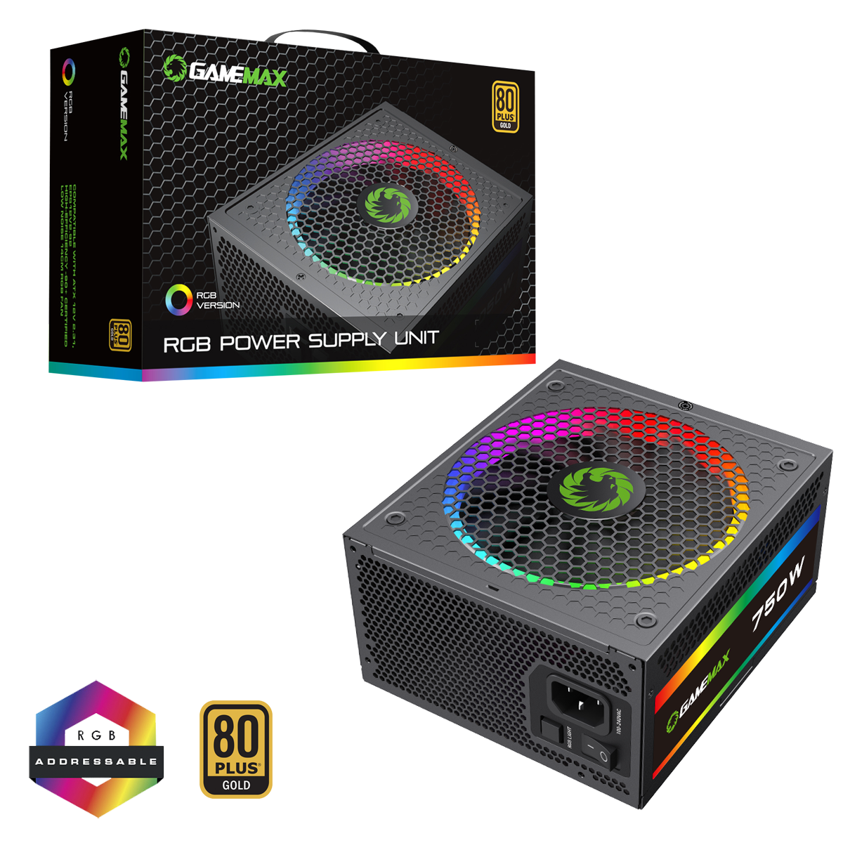 GameMax 750W Pro Modular 80 Plus Gold Power Supply With 14cm ARGB Fan - Destello