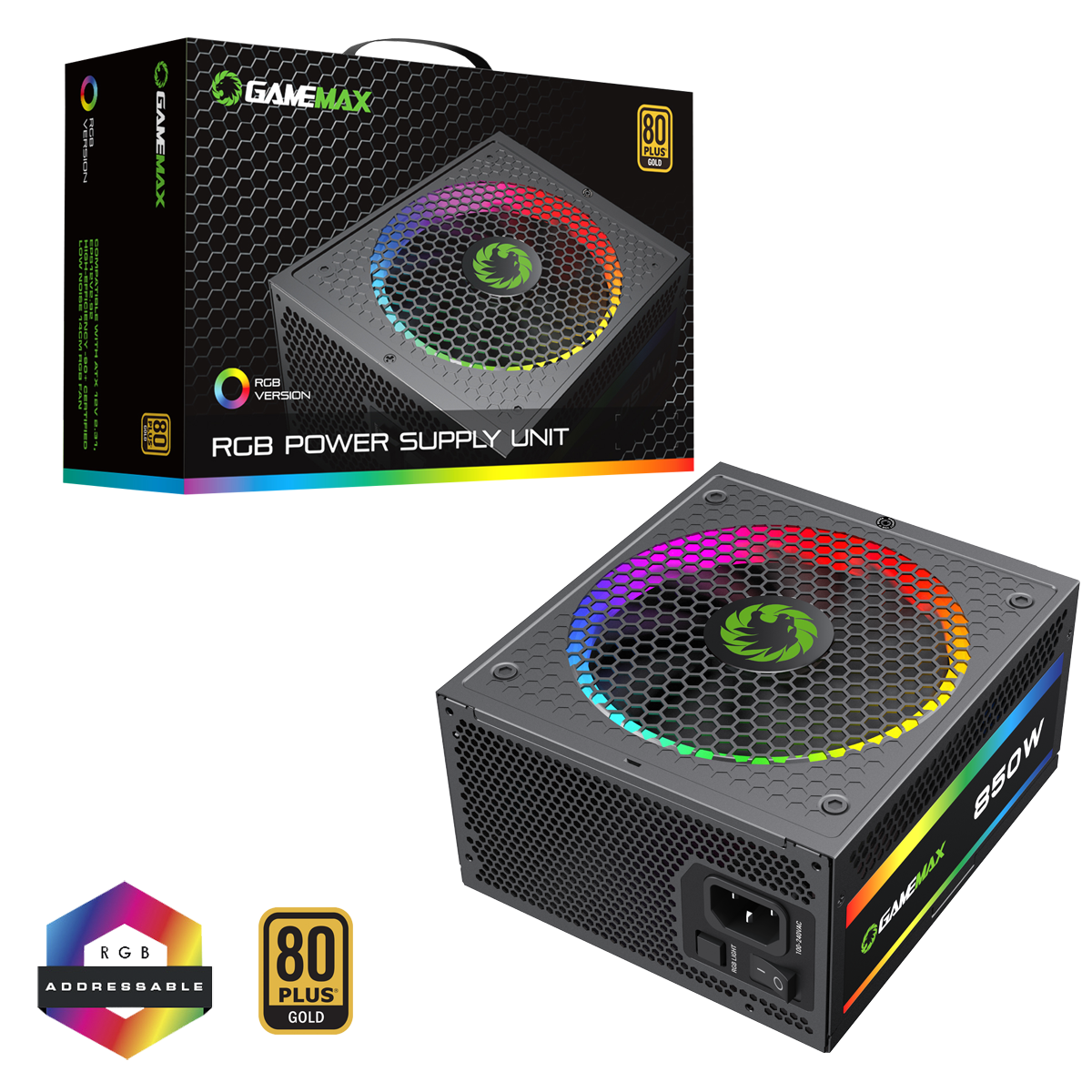 GameMax 850W Pro Modular 80 Plus Gold Power Supply With 14cm ARGB Fan - Destello