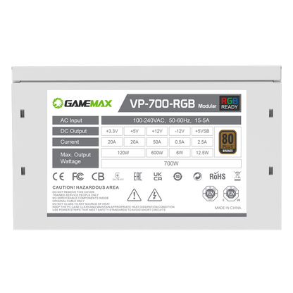 GameMax VP-700W Semi-Modular 80 Plus Bronze White Power Supply With 120mm RGB Fan - Destello