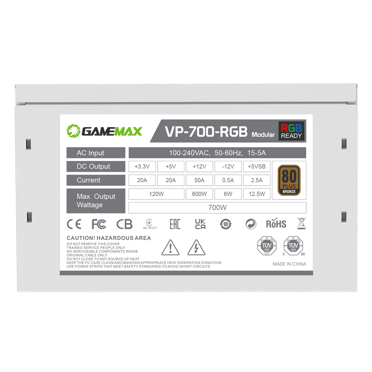 GameMax VP-700W Semi-Modular 80 Plus Bronze White Power Supply With 120mm RGB Fan