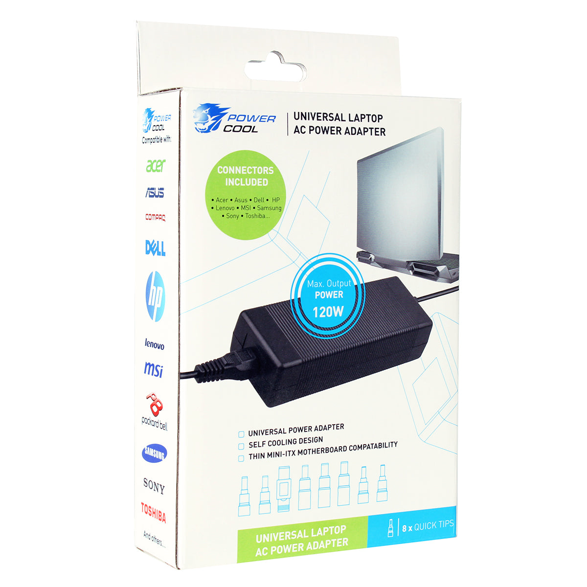 Powercool 120W 19.5V 6.15A Universal Laptop AC Adapter With 8 TIPS - Destello