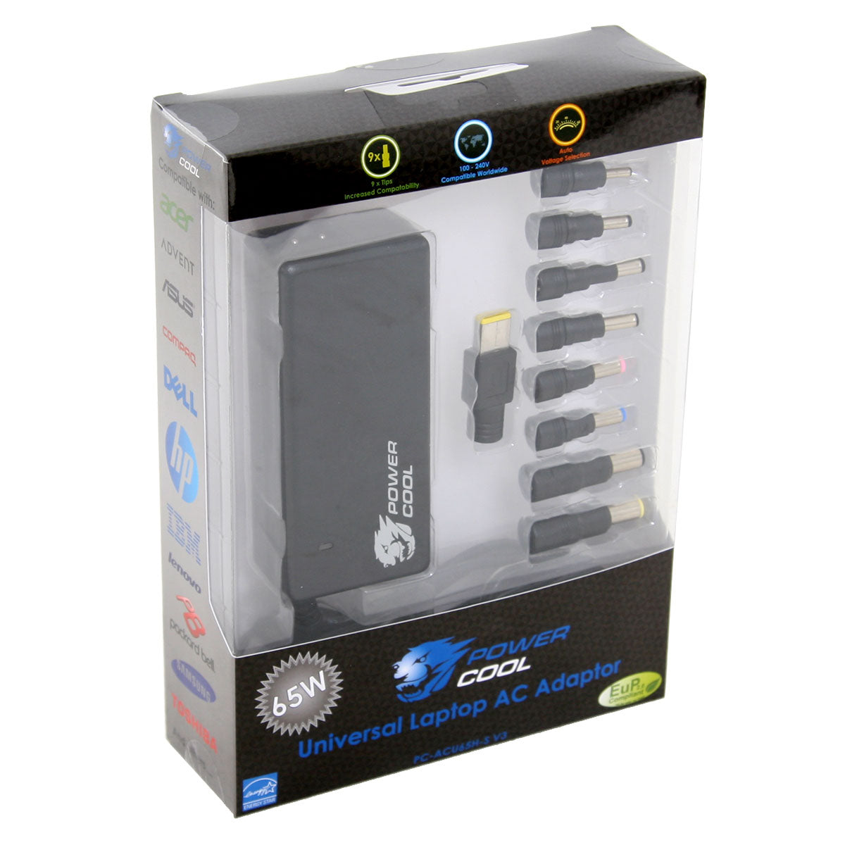 Powercool 65W 19V 3.42A Universal Laptop AC Adapter With 8 TIPS