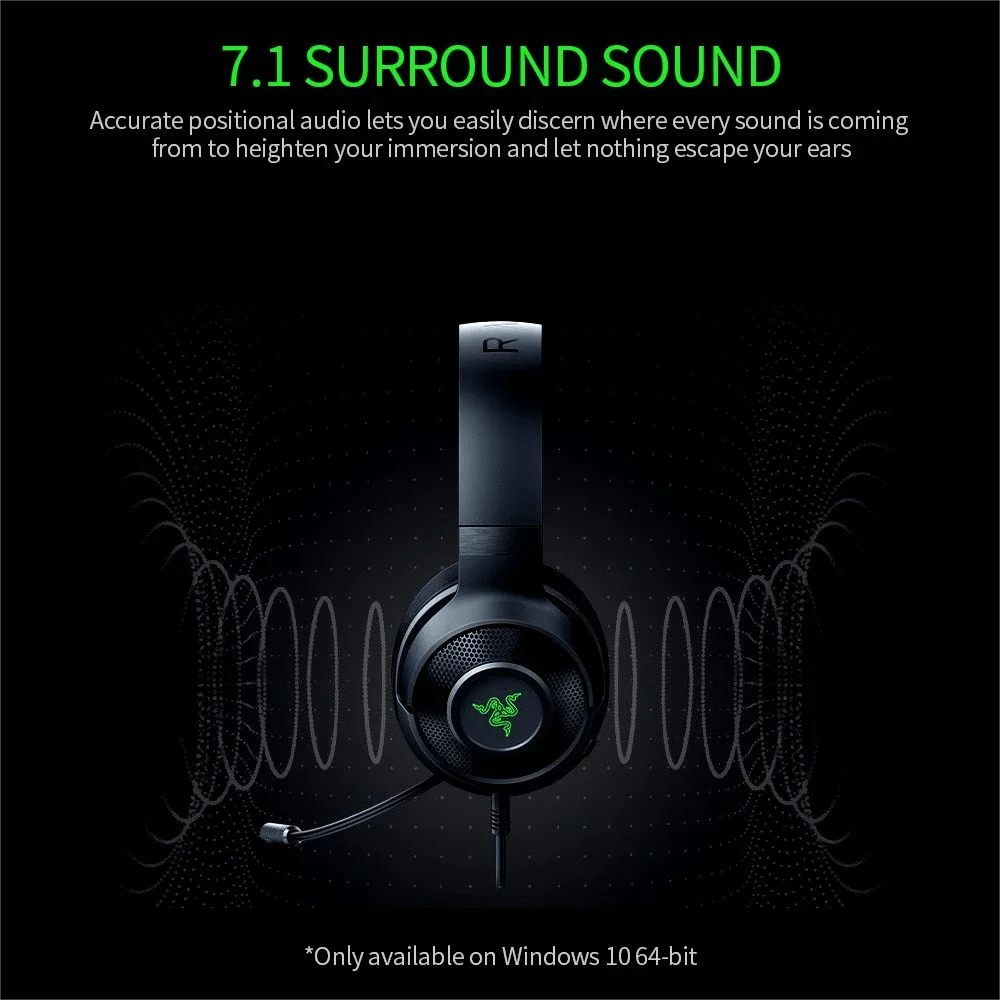 Razer Kraken X Essential Gaming Headset 7.1 Surround Sound Headphone Bendable Cardioid Microphone 40mm Driver Unit Headphones - Destello