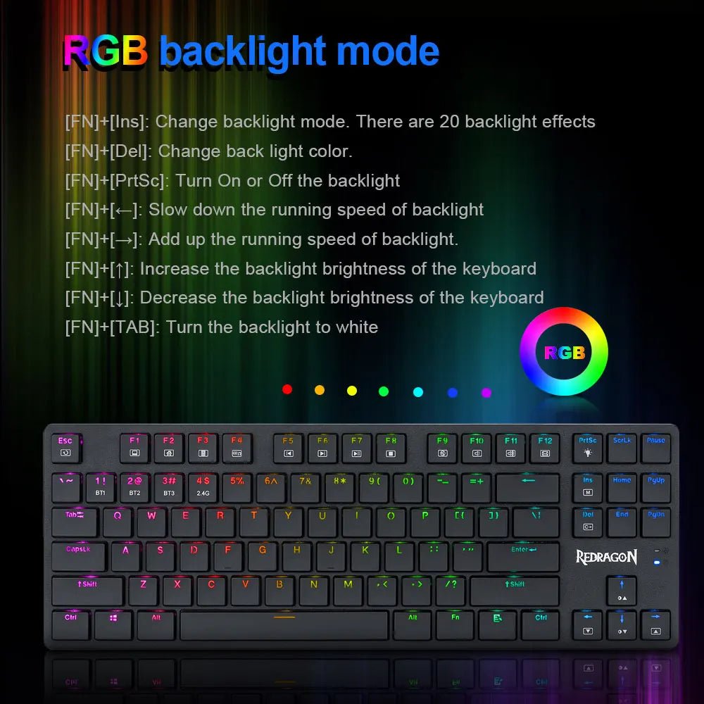 REDRAGON Anubis K539 RGB Super slim Mechanical Gaming Keyboard USB Support Bluetooth wireless 2.4G 3 mode 87 Keys for Compute PC - Destello