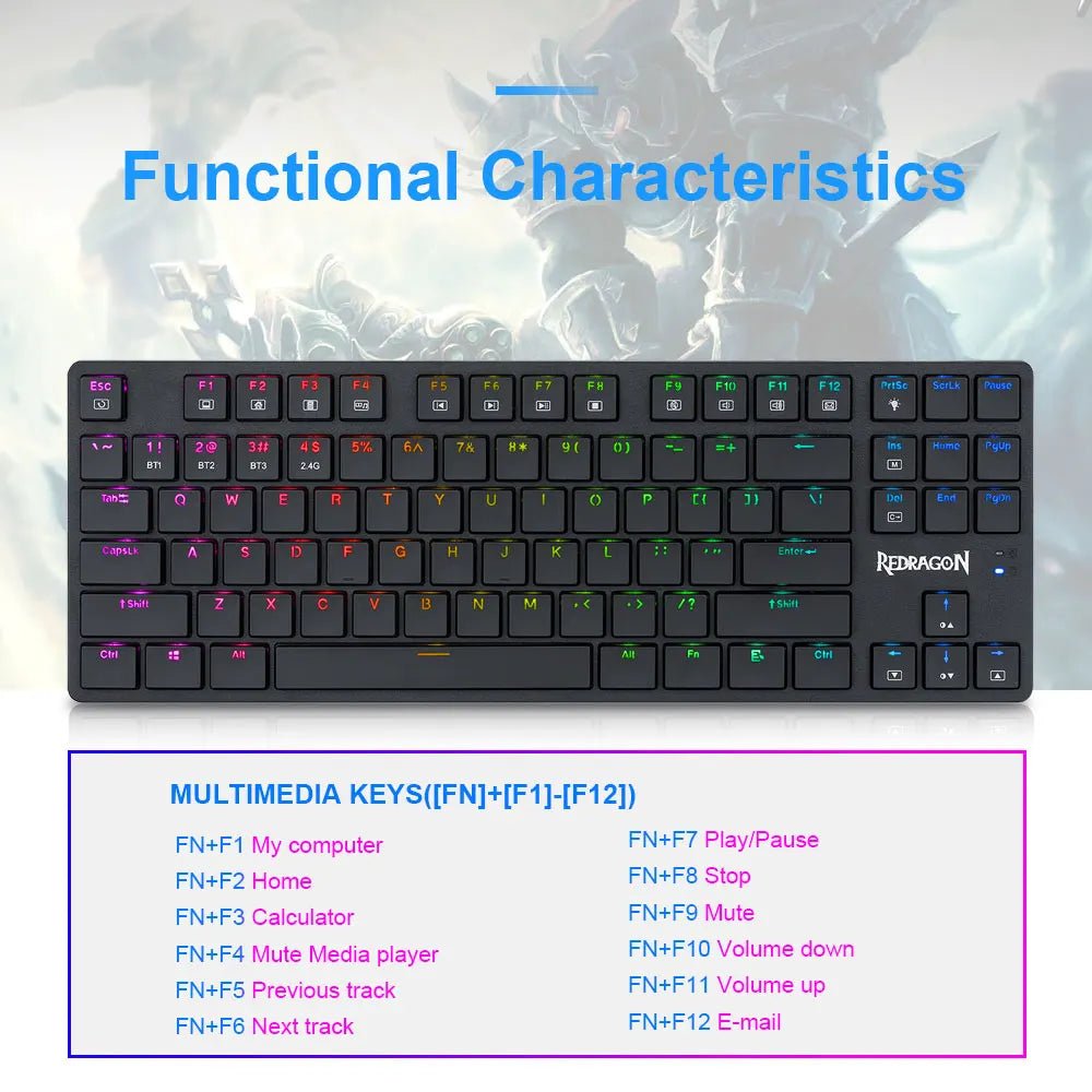 REDRAGON Anubis K539 RGB Super slim Mechanical Gaming Keyboard USB Support Bluetooth wireless 2.4G 3 mode 87 Keys for Compute PC - Destello