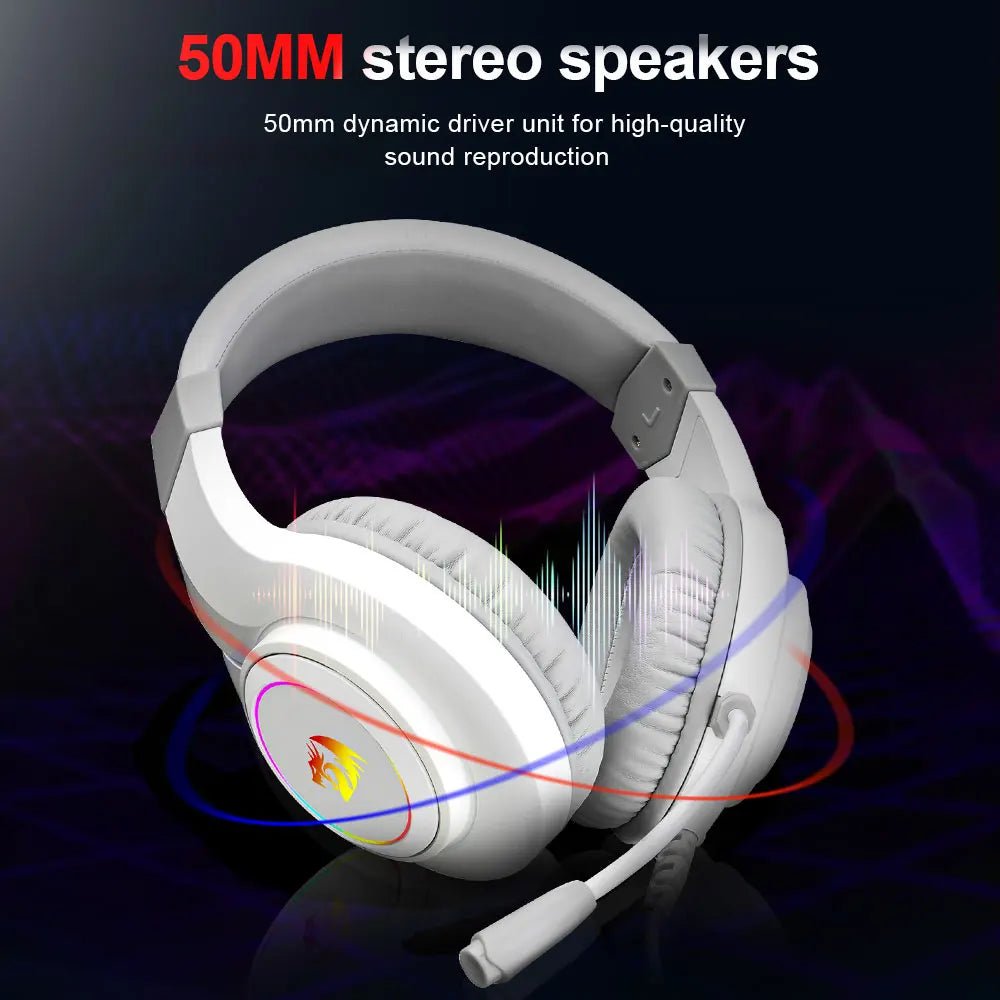 REDRAGON HYLAS H260 RGB Gaming Headset - 3.5mm surround sound headphones with microphone, compatible with PC, PS4, Switch, and Xbox One. - Destello