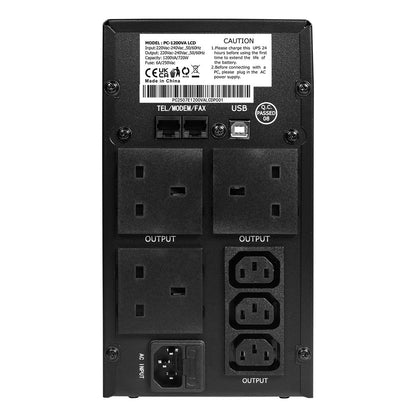 Powercool Smart UPS 1200VA 720W LCD Display 3 x UK Plug 2 x RJ45 3 x IEC and USB Powercool