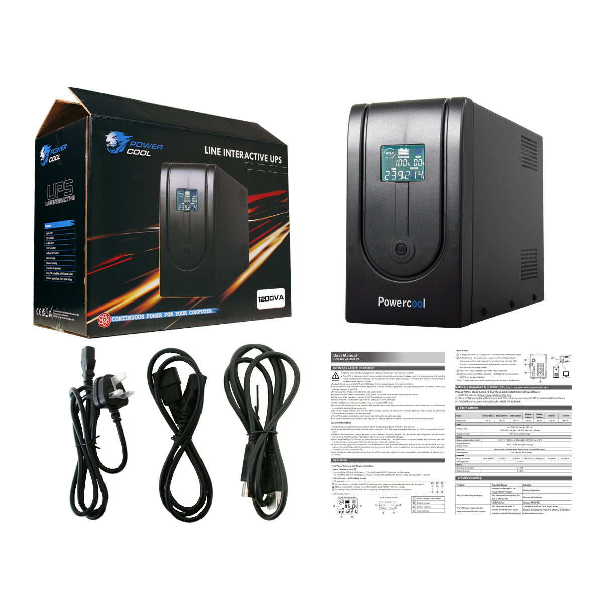 Powercool Smart UPS 1200VA 720W LCD Display 3 x UK Plug 2 x RJ45 3 x IEC and USB