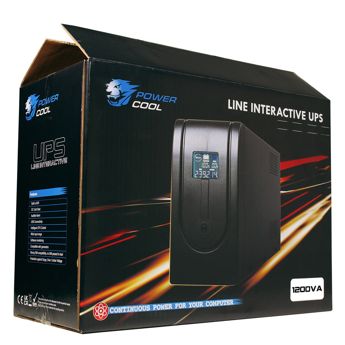 Powercool Smart UPS 1200VA 720W LCD Display 3 x UK Plug 2 x RJ45 3 x IEC and USB