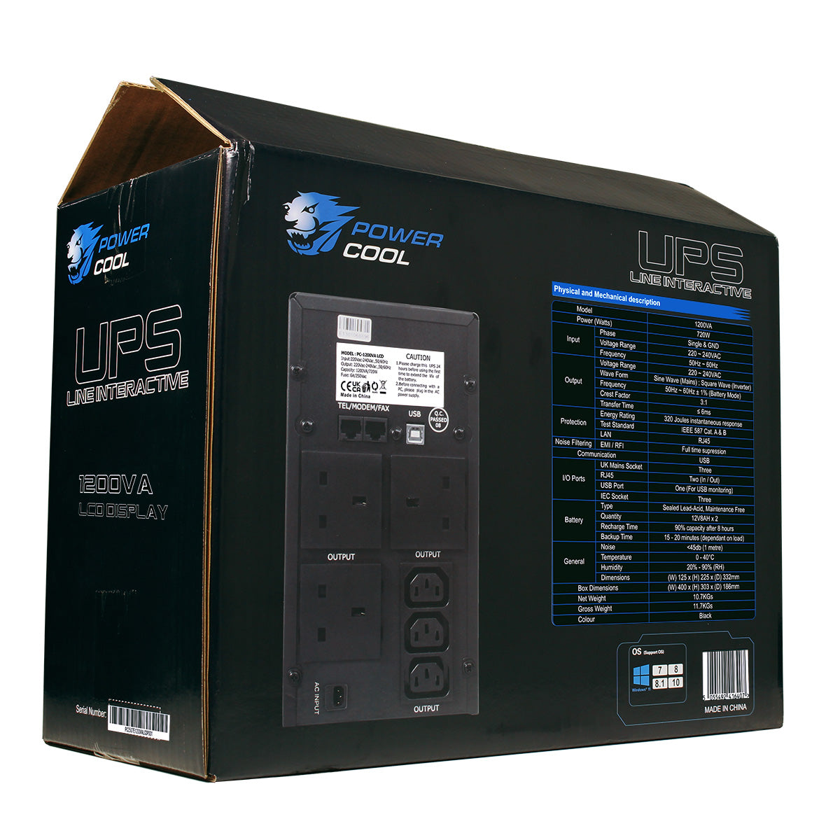 Powercool Smart UPS 1200VA 720W LCD Display 3 x UK Plug 2 x RJ45 3 x IEC and USB Powercool