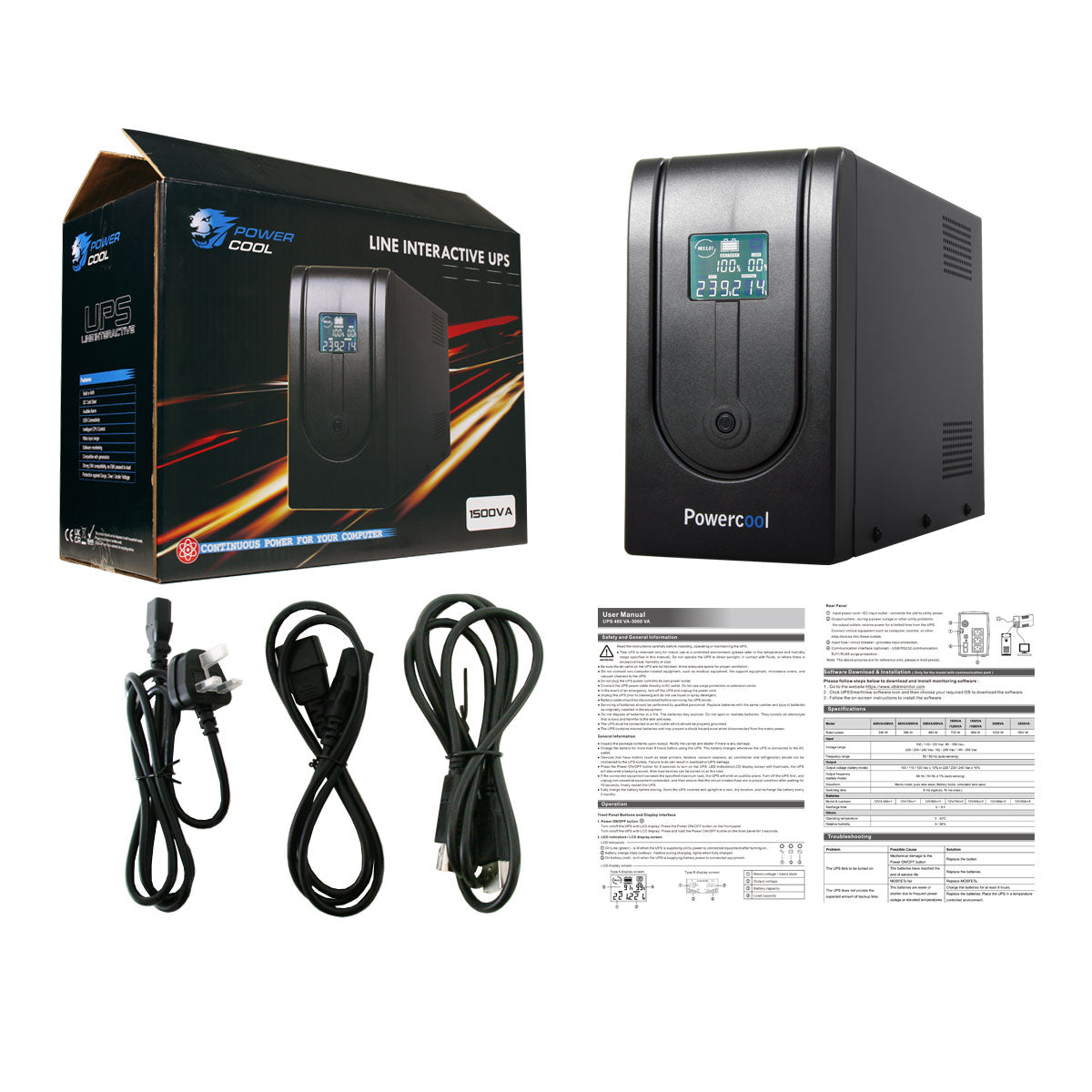 Powercool Smart UPS 1500VA 3 x UK Plug 3 x IEC RJ45 x 2 USB LCD Display